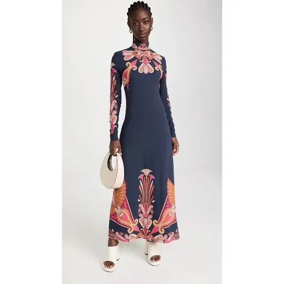 LA DOUBLEJ Navy Paisley Gold Pendant High Neck A-Line Halle Dress Size XS - Picture 5 of 16